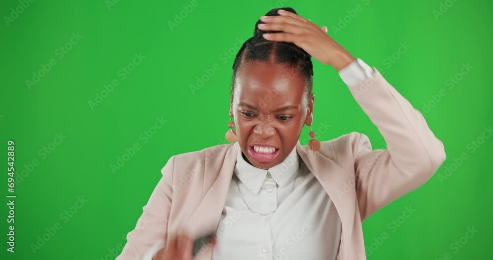 Poster Green screen, business and black woman with smartphone, anger and frustrated against studio background. Female, professional or person with cellphone, annoyed or confused with notification or problem