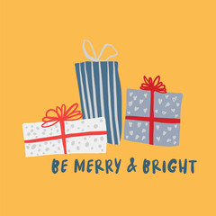 Vector Merry Christmas interior poster with gift boxes and lettering. Hand painted illustration with boxes and text on yellow background. For design and decoration.