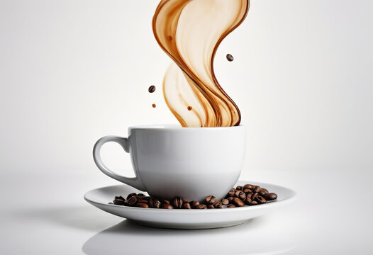 A steaming cup of coffee and freshly roasted beans