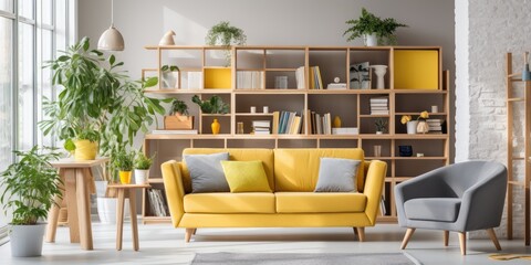 Stylishly staged Scandinavian open space with a yellow velvet sofa, plants, furniture, books, wooden cube, and personal touches.