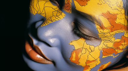 A close-up of the Asian continent intricately painted on a woman's cheek, symbolizing closeness and personal connection to heritage.