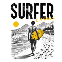 print design illustration of a surfer with surfboard, sunset in the beach hand drawn.