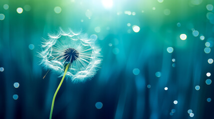 A glowing dandelion seed drifting above a mysterious aqua realm, speckles of light dancing around.