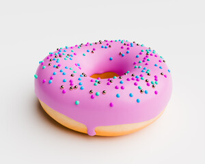 Pink Donut with Sprinkles Rotating on a White Background. Seamless Loop of Doughnut spinning. 3d Rendered Animation of Pastry and Confectionery