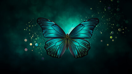 A lustrous butterfly resting over a depth of radiant teal and emerald, tiny sparkles highlighting its path.