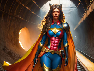 Long Brown Hair Woman Super Hero in Red and Blue Long Cape Gold Chest Emblem Walking Through Subway Tunnel