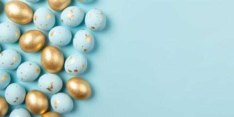 Easter background of colorful, golden, pink and blue, pastel eggs on blue. Religion tradition pattern. View from above. Flat lay style. Greeting card. Copy space.