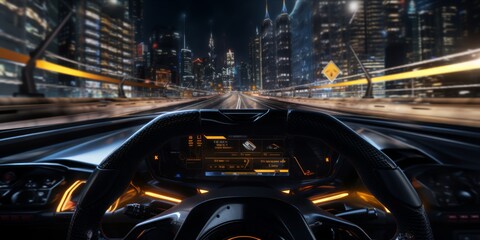 Experience the adrenaline of gameplay in a racing simulator video game, featuring computer-generated 3D cars driving fast and drifting on a high-speed night highway in a modern city - obrazy, fototapety, plakaty
