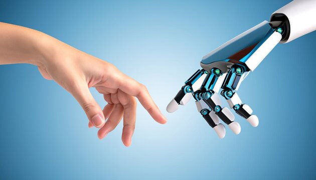 A robotic hand and a human hand touching each other with index fingers. New technological era. Research, hight technology and future life concepts. Generative AI