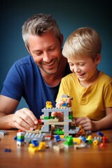 Dad and son building with bricks, creating cherished memories,