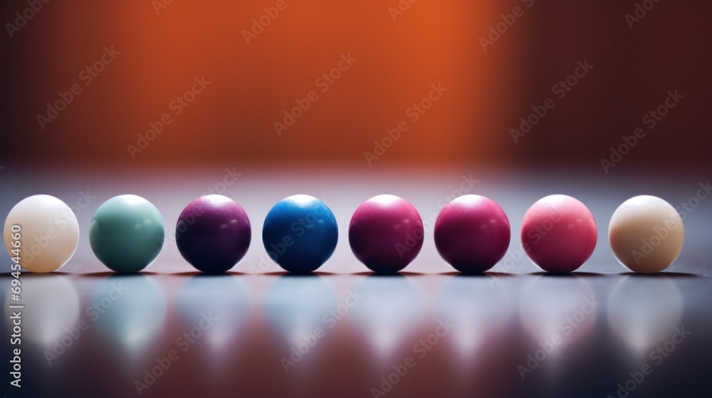 Poster a row of colorful eggs lined up on a table with reflections, ai