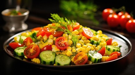 salad of tomatoes, cucumber and corn with dressing