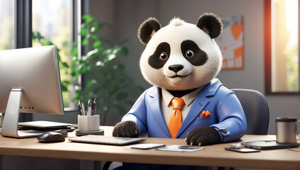 Cute business cartoon animal panda working in the office creative