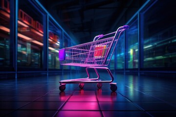 shopping cart at night on a dark neon floor