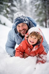 Fototapeta na wymiar Dad and son enjoy a snowy day, playful snowball fights