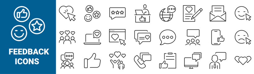 Feedback web icons Testimonials, like, comment, marketing, survey, confirmation, collection. Editable stroke. Vector illustration.