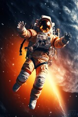 Astronaut in vivid cosmic background, floating among stars