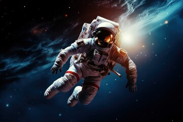 Fototapeta premium Astronaut in vivid cosmic background, floating among stars
