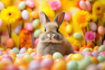 Fototapeta na wymiar Vibrant Easter background, eggs, and an adorable bunny, creating joyful and festive vibes
