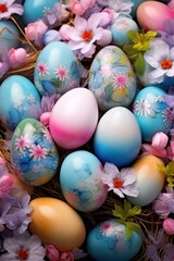Fototapeta na wymiar Easter background with lively colors, decorated eggs, and room for festive greetings