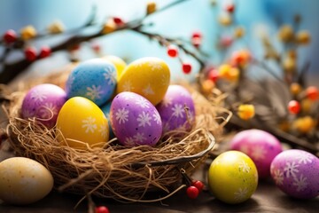 Fototapeta na wymiar Easter background with lively colors, decorated eggs, and room for festive greetings