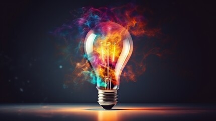 Glowing light bulb on dark background with colorful smoke concept. AI generated image