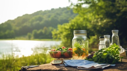 Healthy food. Fresh salad in a glass jar on a wooden table near the lake. AI generated image - Powered by Adobe
