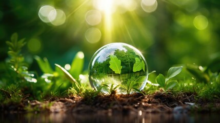 Glass globe with green grass and bokeh background. Ecology concept, AI generated