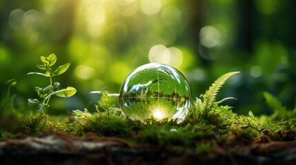 Glass globe on moss and green nature background. Environment conservation concept. AI generated image