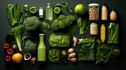 Healthy eating and dieting concept. Top view of fresh vegetables and fruits on green background, AI generated
