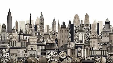 A cityscape with buildings featuring dynamic paisley-patterned architectural elements that contrast against the urban skyline.