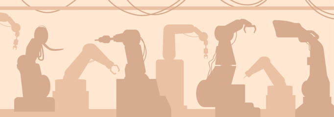 Background With Steel Robot Arms Silhouettes Work At Factory Conveyor, Seamlessly Assembles And Moves Products