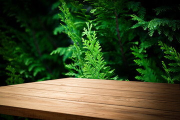 Empty wooden table with free space for cosmetics advertising over tropical trees, background. For product display mounting