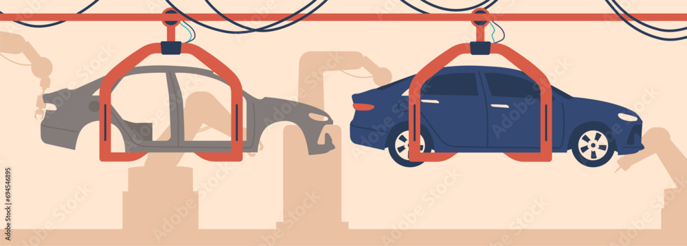Poster metallic assembly line hums as cars glide along the factory conveyor, robots working in synchronized