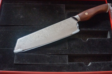 Damascus steel knives. Kitchen knives. background with japanese knife
