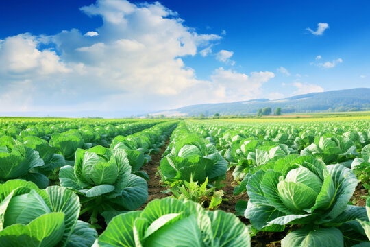 Wide image photo of a cabbage field, background is blue sky