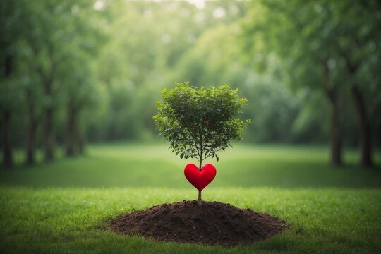 Tree with red heart in the park. Green grass background