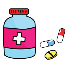 Medicine bottle with pills isolated on white background cartoon style vector illustration