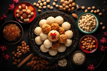 Obraz na płótnie Canvas Top view of chinese new year desserts and sweets