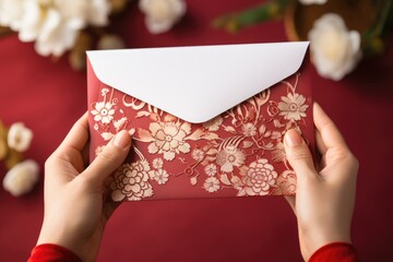 Hands holding chinese new year red gift envelope - obrazy, fototapety, plakaty