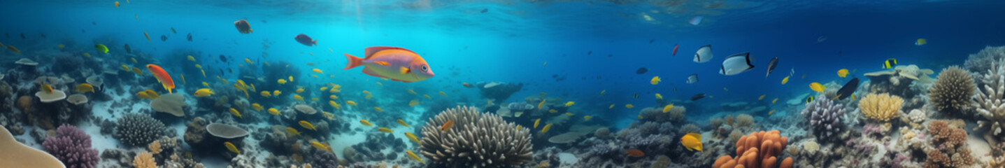 Vibrant and expansive underwater coral reef panorama featuring a variety of marine life, including...
