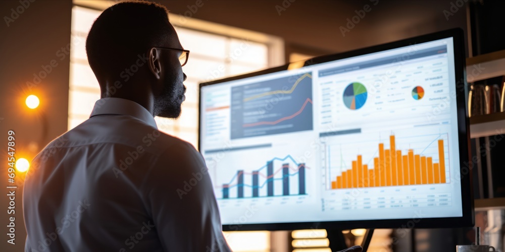 Poster Monitoring Specialist Stands with a Laptop, Delving into Data Analysis and Performance Records, Expertly Filing Reports Next to a Big Digital Screen Displaying Graphs and Charts