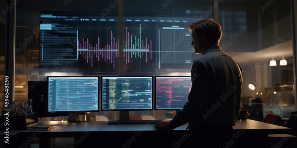 Poster Monitoring Specialist Stands with a Laptop, Delving into Data Analysis and Performance Records, Expertly Filing Reports Next to a Big Digital Screen Displaying Graphs and Charts