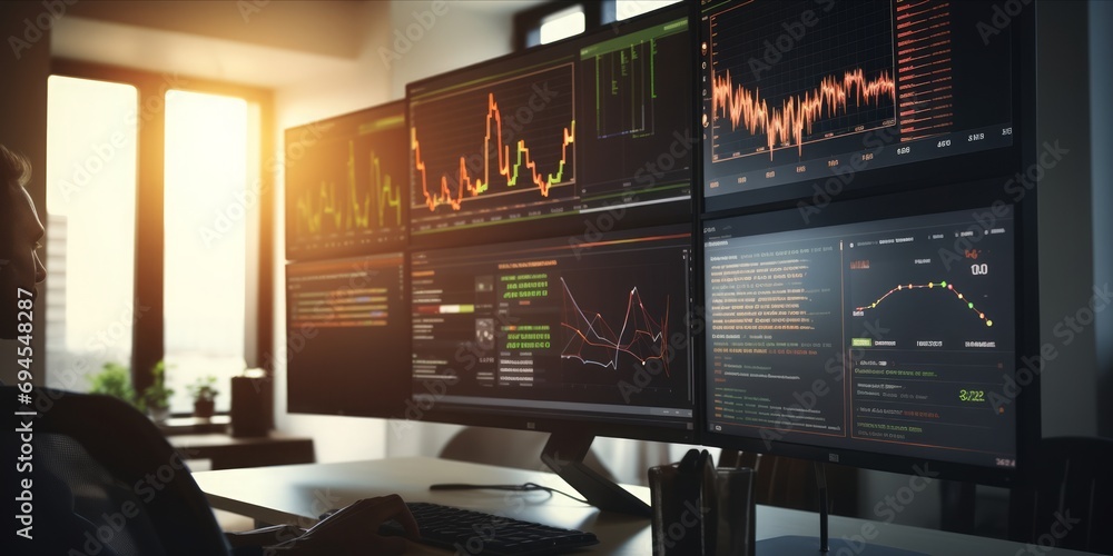 Poster Monitoring Specialist Stands with a Laptop, Delving into Data Analysis and Performance Records, Expertly Filing Reports Next to a Big Digital Screen Displaying Graphs and Charts