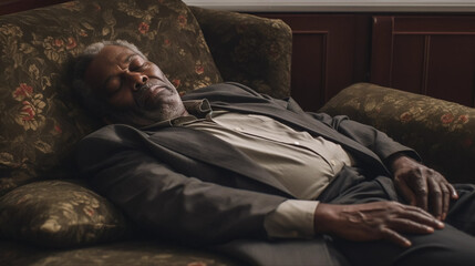 Fototapeta premium copy space, elderly black man taking a nap on a pillow on background. National Napping Day. retired black man resting while tired. Peaceful scene.