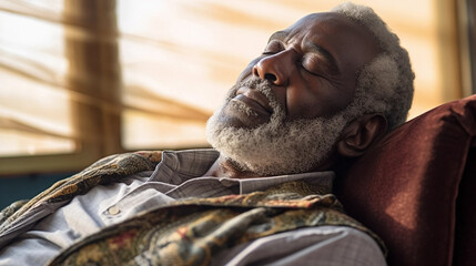 copy space, elderly black man taking a nap on a pillow on background. National Napping Day. retired black man resting while tired. Peaceful scene.