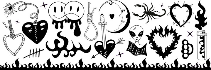 Y2k 2000s cute emo goth aesthetic stickers, tattoo art elements and slogan. black punk rock set. Gothic concept . Vector illustration.