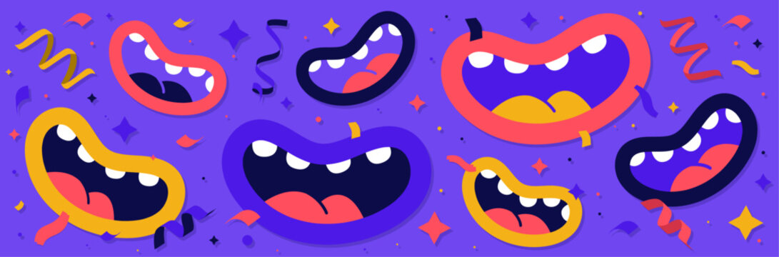 Sourires color&eacute;s et festifs - Bouches humoristiques et abstraites qui sourient - Cotillons, confettis et ambiance optimiste et dr&ocirc;le - Violet, jaune, rose et bleu, contenu &eacute;ditable vif 