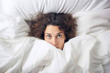 Worried woman hiding under white bed covers, aerial view - obrazy, fototapety, plakaty