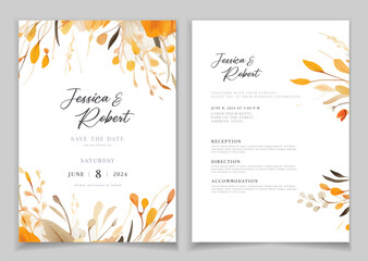 Wedding invitation card background with line art, watercolor flower and botanical leaves, organic shapes. Floral poster, invite card template